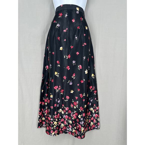 90s Vintage Skirt Womens Small Black Floral Maxi Satin Cottagecore Boho Bohemian - Picture 1 of 11